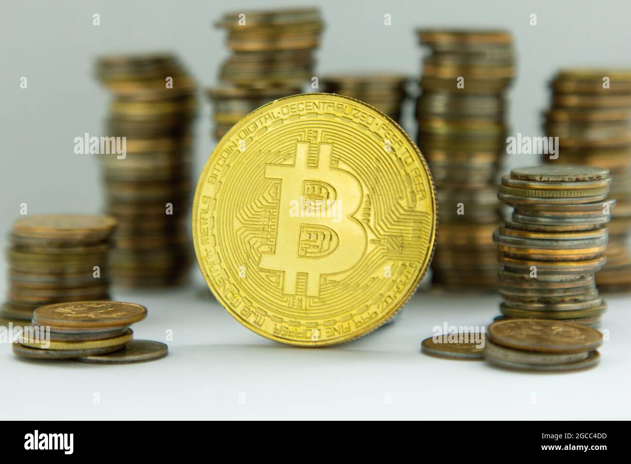 Bitcoin with dollar cash stacks, digital virtual crypto currency bitcoin  and paper money pile. US dollar bills and bit coins (btc). Concept of  bitcoin Stock Photo - Alamy