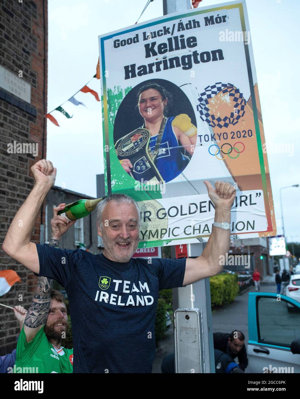 Christy Harrington, the father of Irish boxer Kellie Harrington, celebrates  outside the family home in Dublin after Kellie won the gold medal in the  Tokyo Olympics. Picture date: Sunday August 8, 2021