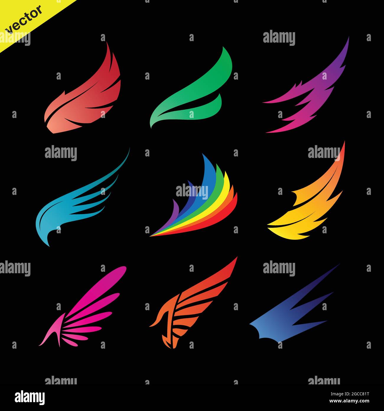 Vector colorful wing icons set on black background., vector of wing for your design. Easy editable layered vector illustration. Wild Animals. Stock Vector