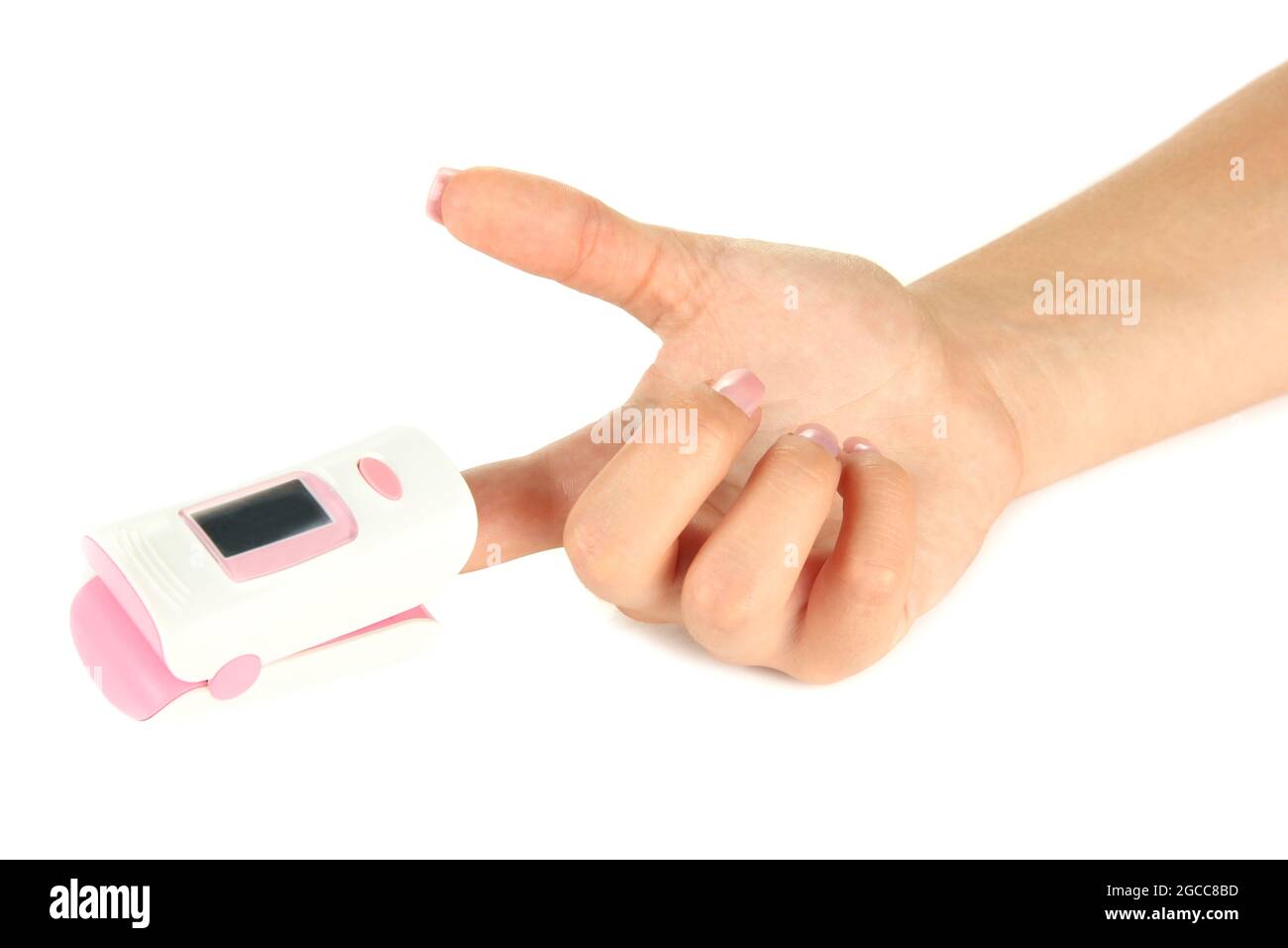 Pulse oximeter used to measure pulse rate and oxygen levels, isolated on white Stock Photo Alamy