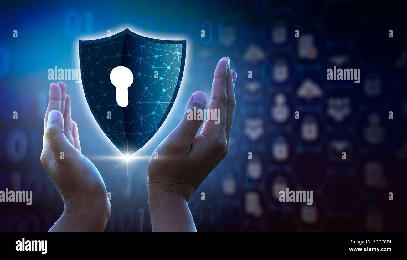 Highly secure IT device protection shield. blue background Stock Photo