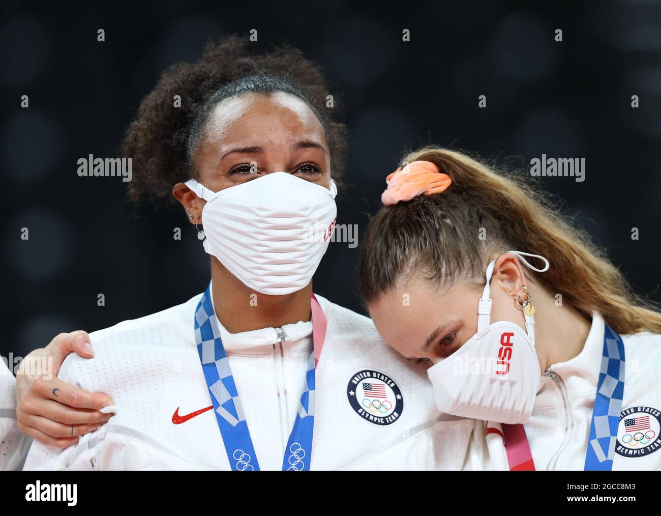 Tokyo, Japan. 8th Aug, 2021. Haleigh Washington (L) of Team USA reacts