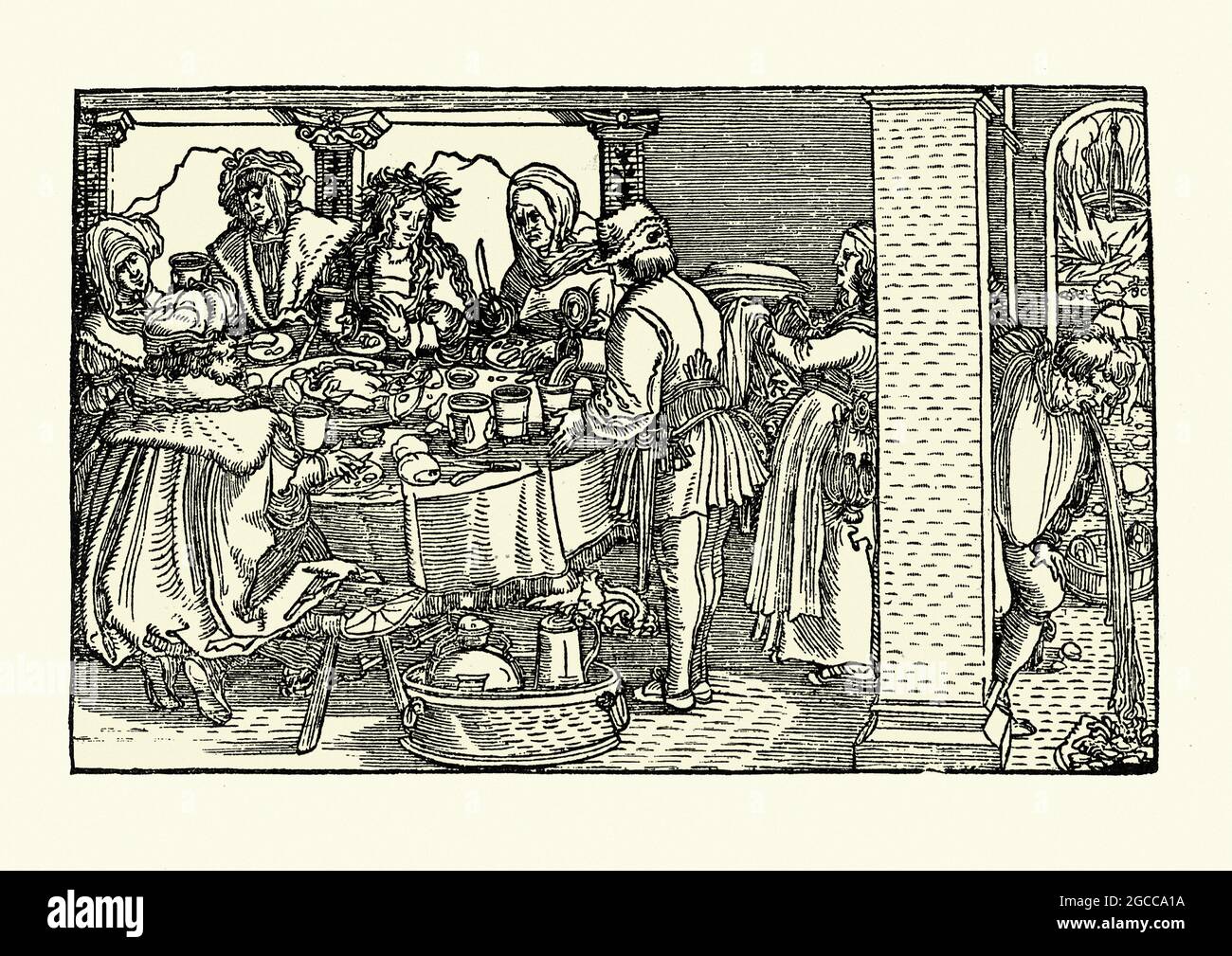 Vintage illustration Feast for the rich, People eating grand meal, man vomiting from overeating , German. 16TH Century Hans Burgkmair Stock Photo