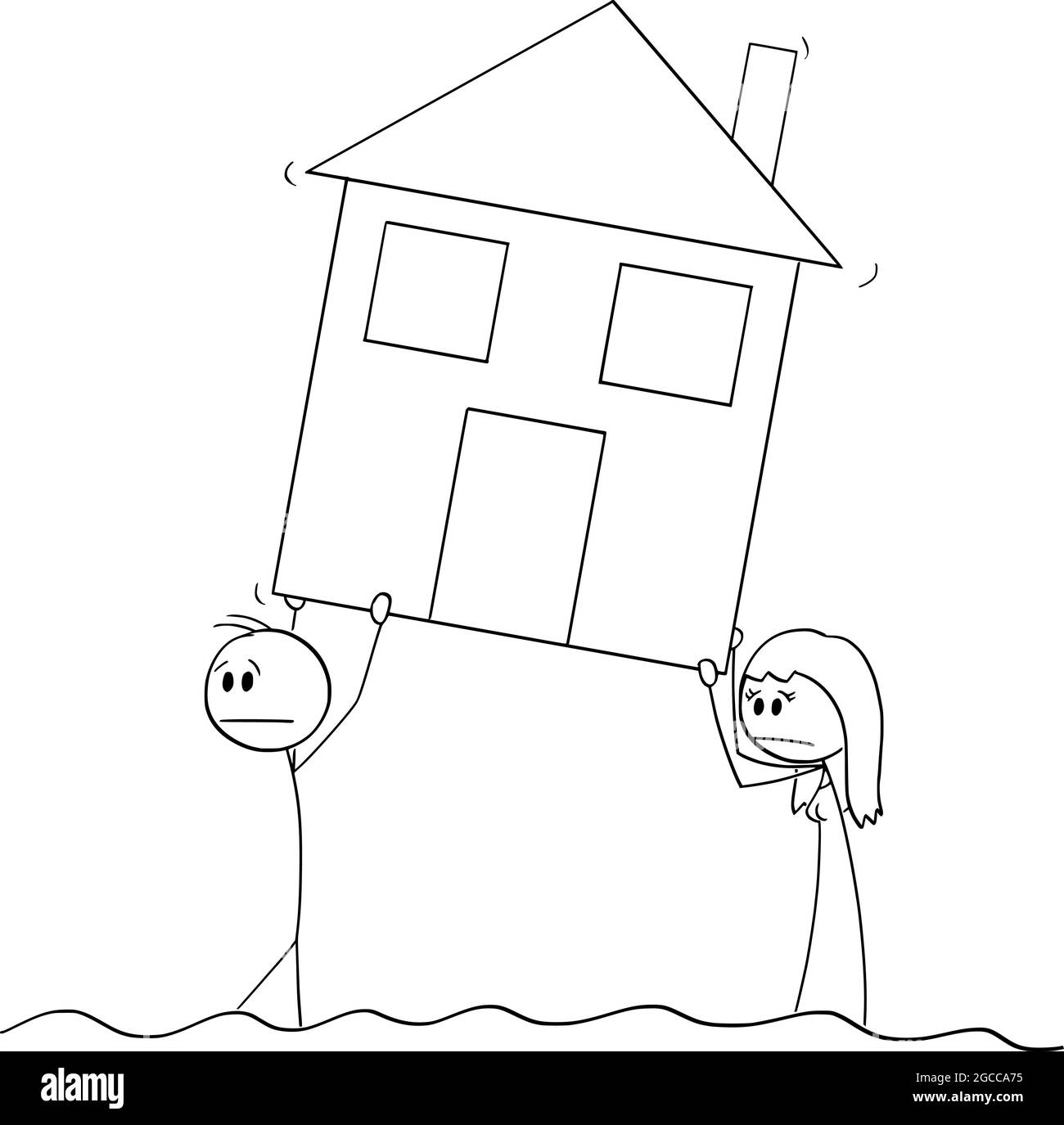 Man and Woman Carrying or Moving Family House During Water Flooding Disaster, Vector Cartoon Stick Figure Illustration Stock Vector
