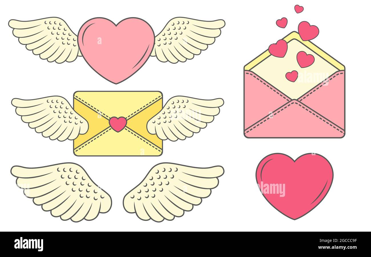 Set of funny stickers with heart and wings. Love story for weddings day or valentines day Stock Vector
