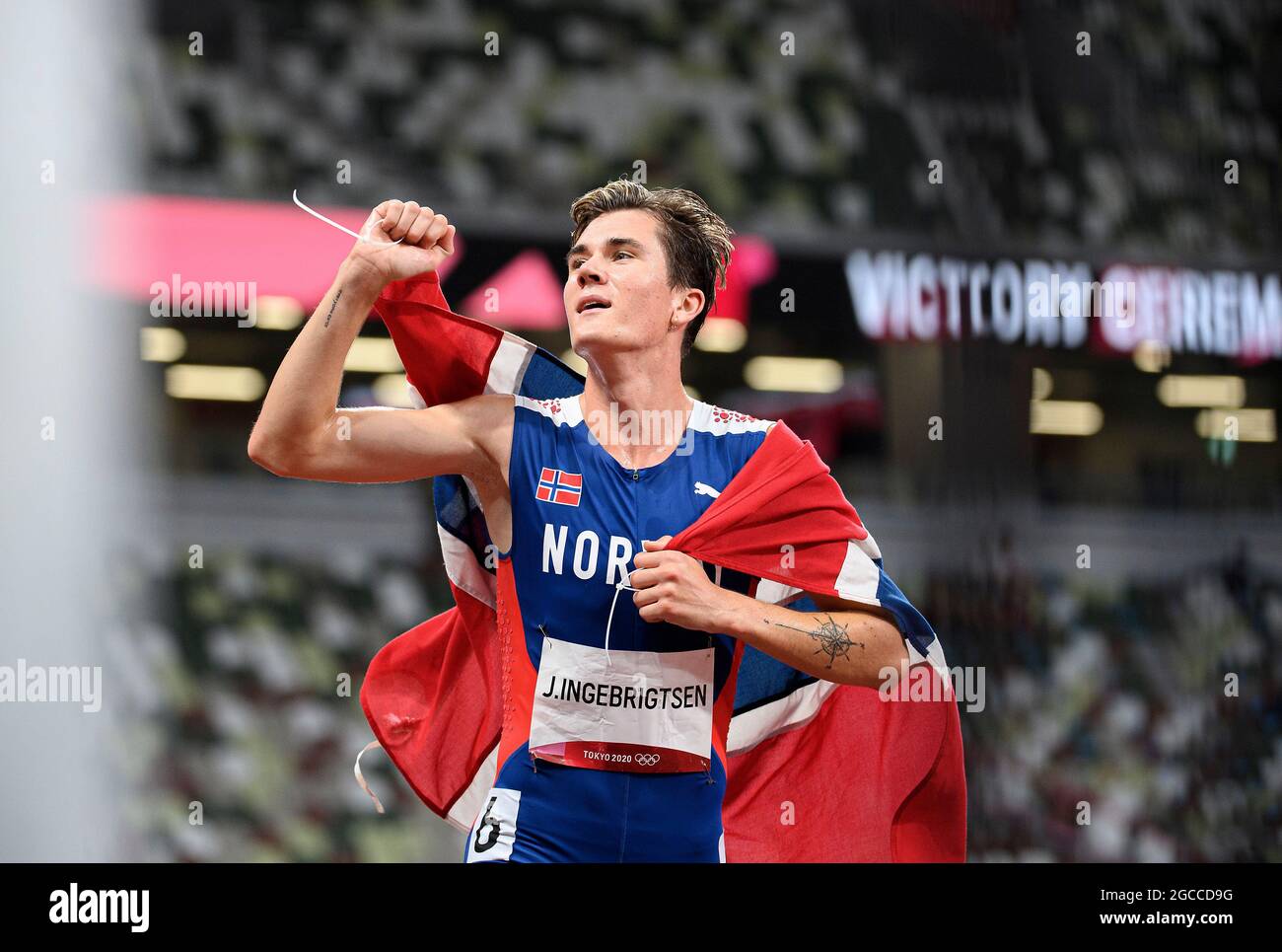 Tokyo, Japan. 07th Aug, 2021. Jakob INGEBRIGTSEN (NOR), winner, winner, Olympic champion, 1st place, gold medal, gold medalist, Olympic champion, gold medalist, jubilation, cheering, joy, cheers, athletics, men's 1500m final, men's 1500m final, men's javelin throw Final, on 07.08.2021 Summer Olympics 2020, from 23.07. - 08.08.2021 in Tokyo/Japan. Credit: dpa/Alamy Live News Stock Photo