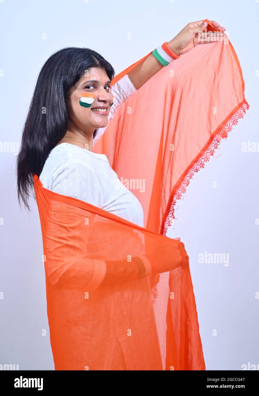Young indian girl celebrating Independence Day of India. Stock Photo