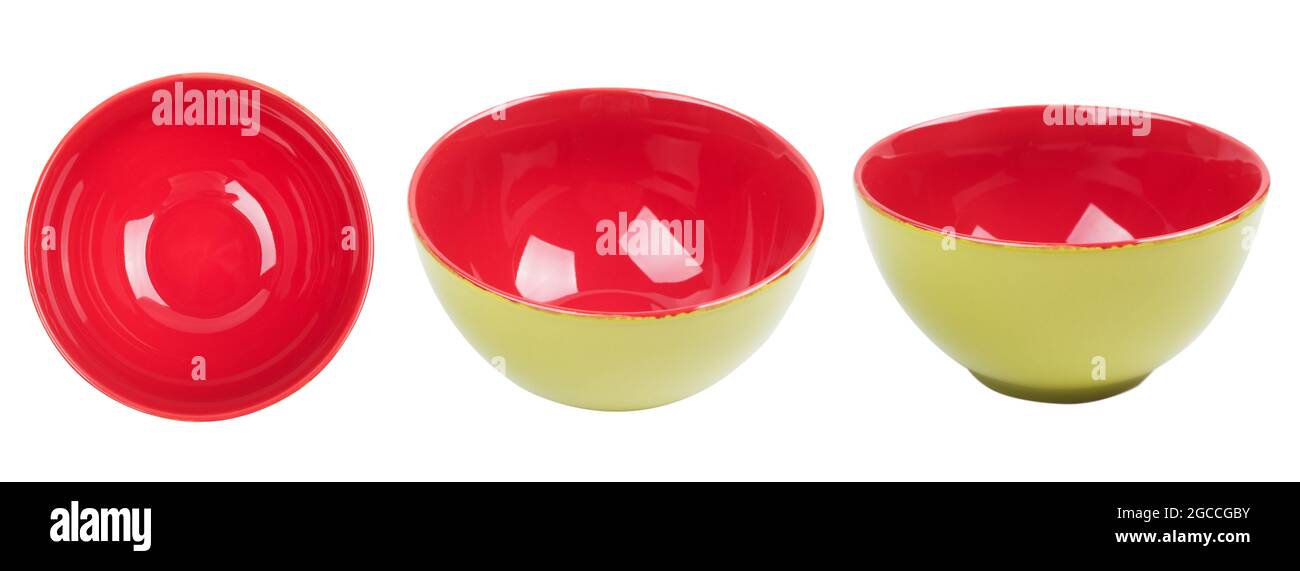 Red green ceramic bowl isolated on white background. View from side and ...