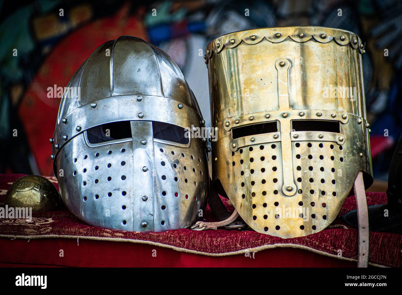 Two replica helmets at the Battle of Evesham Re-enactment Stock Photo