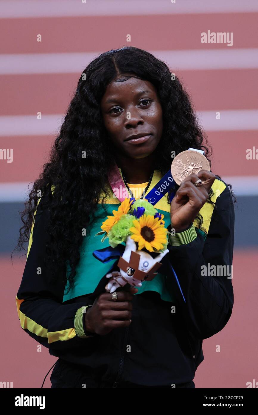Shericka JACKSON of Team Jamaica (JAM) poses with her bronze medal