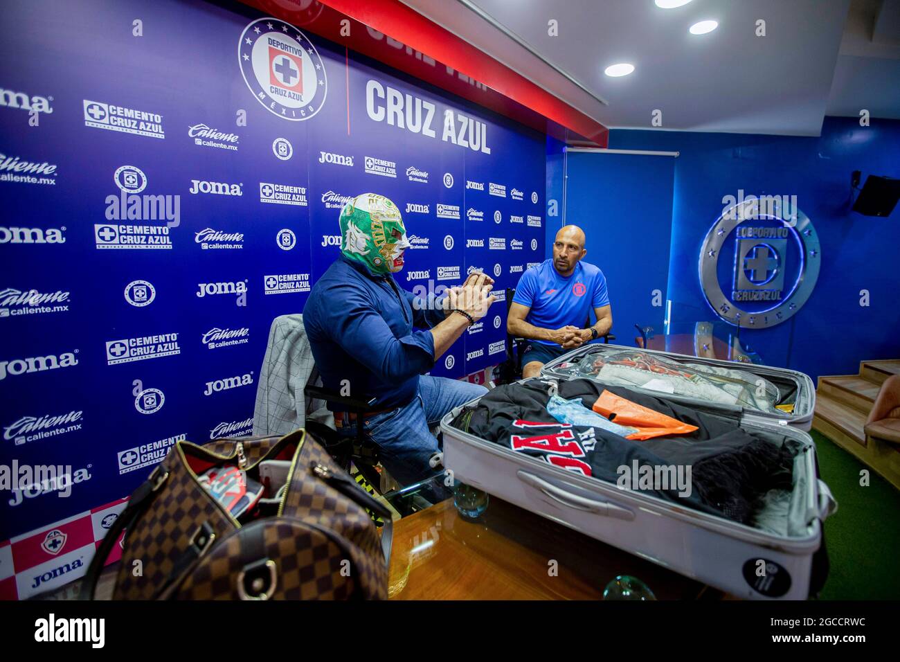 MEXICO CITY, MEXICO - AUGUST 4: Wrestler Dr Wagner and Oscar Perez  speak during a press conference at La Noria, high performance center of the Cruz Azul football team on August 4, 2021 in Mexico City, Mexico. Credit: Ricardo Flores/Eyepix Group/The Photo Access Stock Photo
