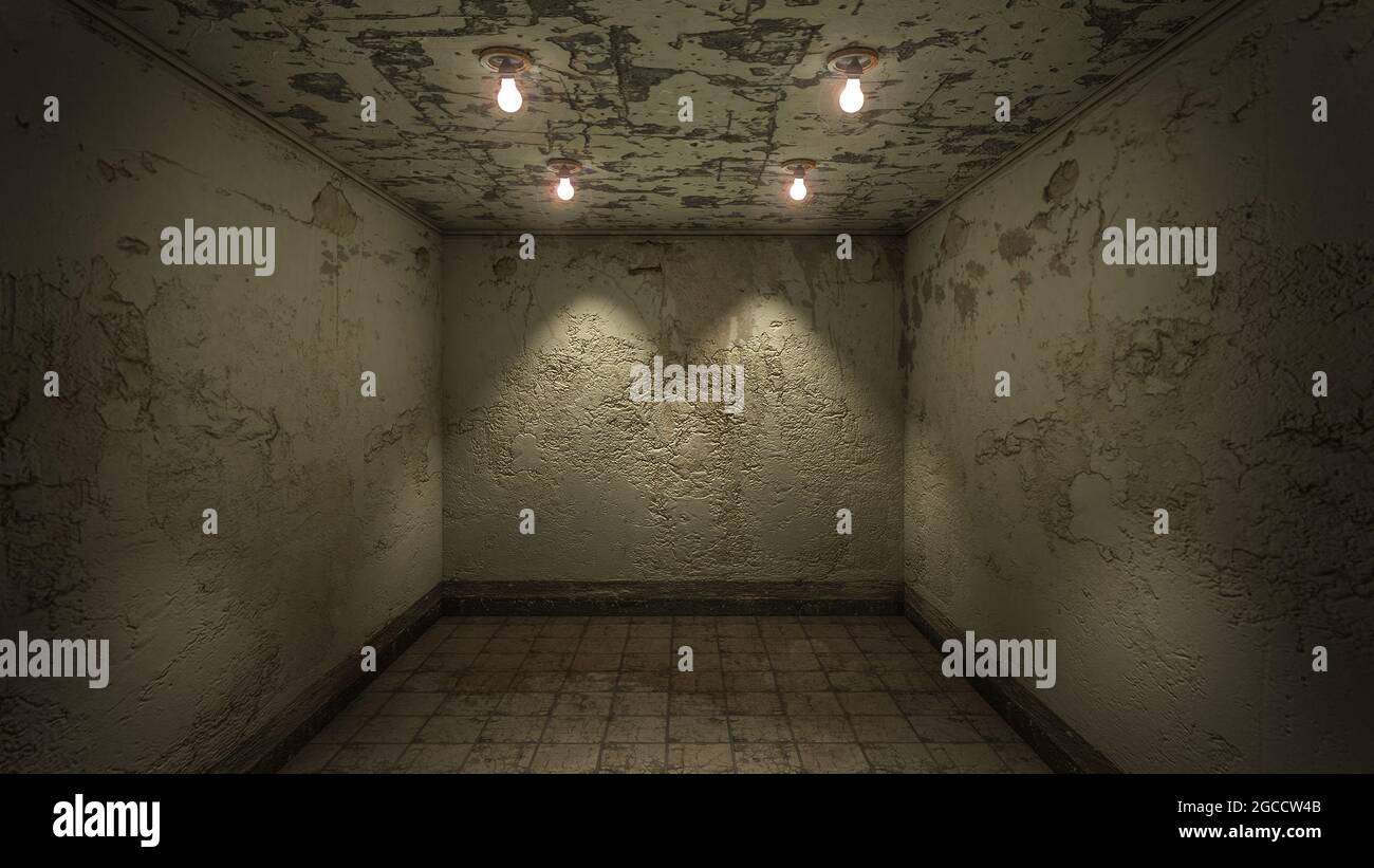 The interior design of horror and creepy damage empty room., 3D