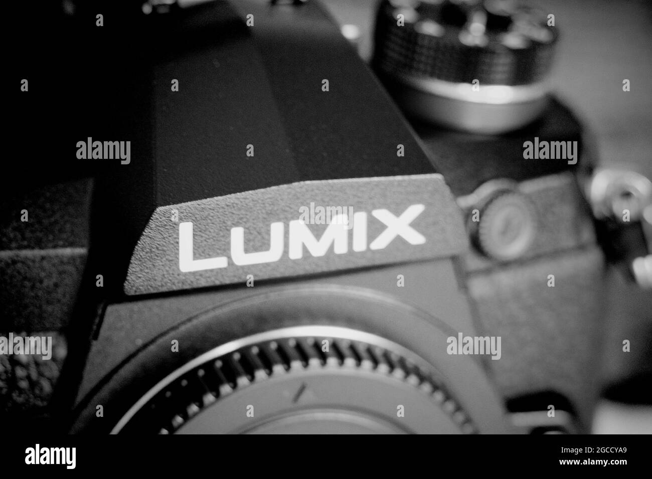Chernihiv, Ukraine. June 21, 2021. Fragment of a Panasonic Lumix camera, close-up. Lumix logo on the camera. Illustrative editorial. Stock Photo