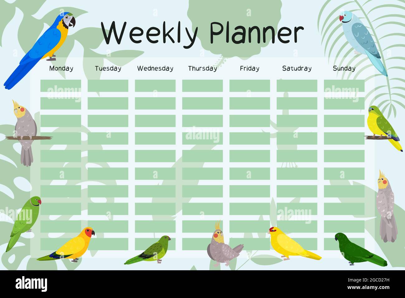 Weekly planner template with parrots in cute cartoon style. Schedule design  for kids. Greens background. Monday to sunday week Stock Vector Image & Art  - Alamy