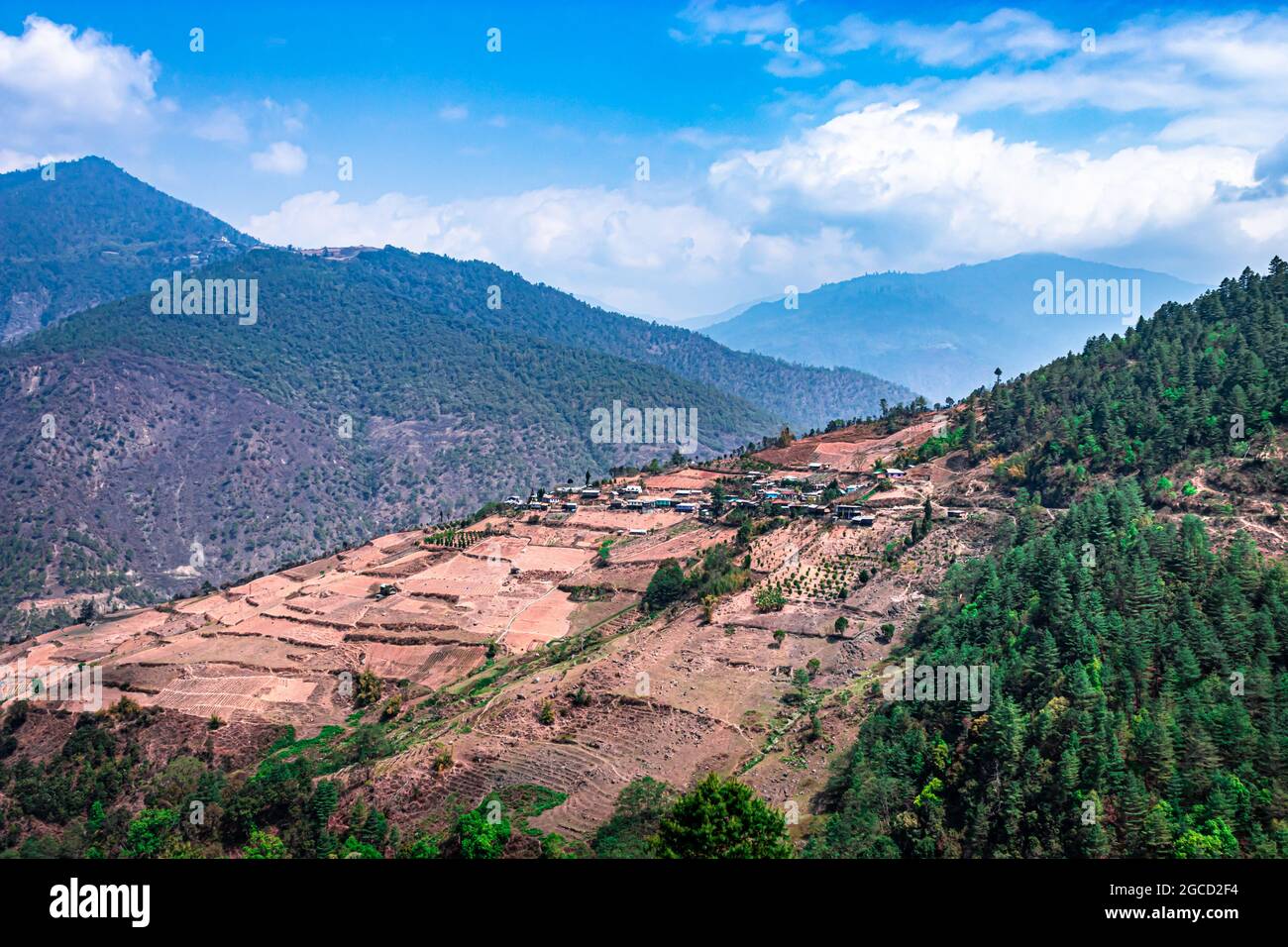 mountains with paddy fields and remote village at morning Stock Photo ...