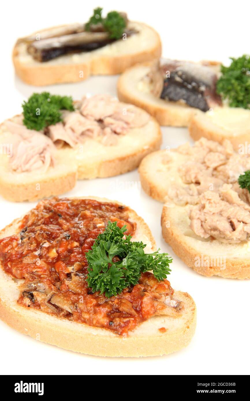 Tasty sandwiches with tuna and cod liver sardines different kinds of