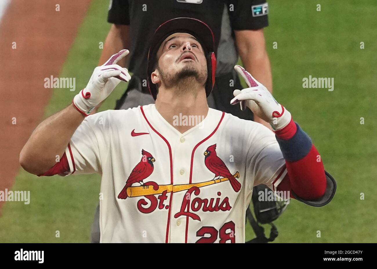 St. Louis Cardinals Nolan Arenado looks skywards after touching home plate,  hitting a two run home run in the third inning against the Washington  Nationals at Busch Stadium in St. Louis on
