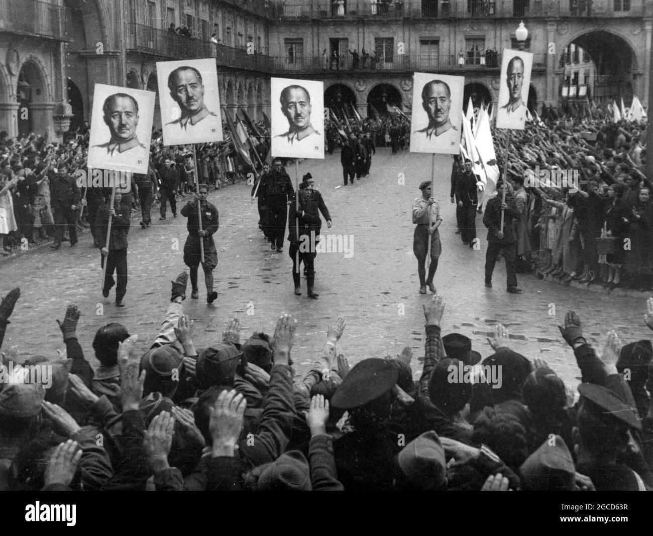SALAMANCA, SPAIN - 1937 - A fascist parade in Salamanca, Spain, to celebrate the occupation of Gijón by Francoist troops - Photo: Geopix Stock Photo