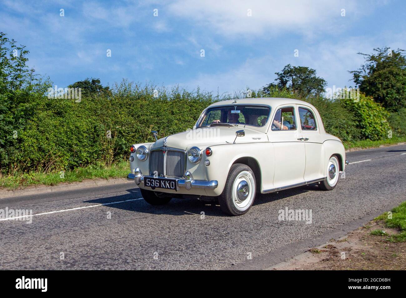 1960 60s sixties white Rover 100 2625 cc petrol 4dr saloon en-route to Capesthorne Hall classic July car show, Cheshire, UK Stock Photo