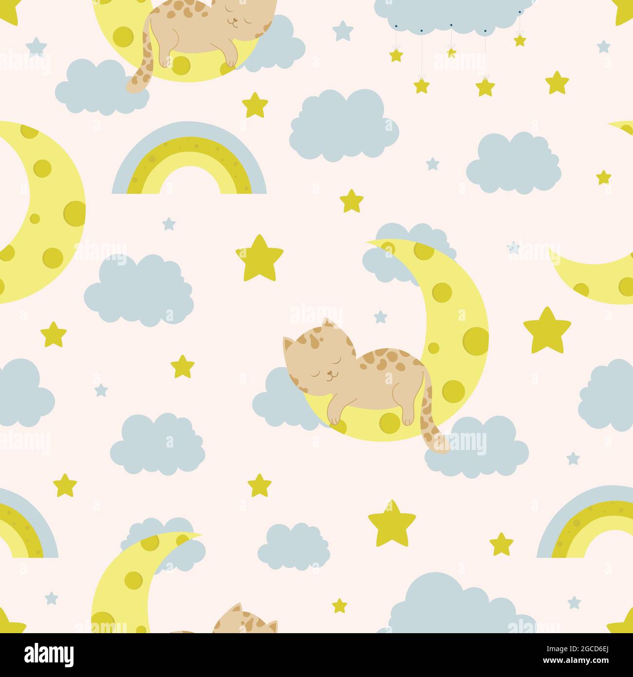 Seamless children pattern with cat, bear, clouds, moon and stars ...