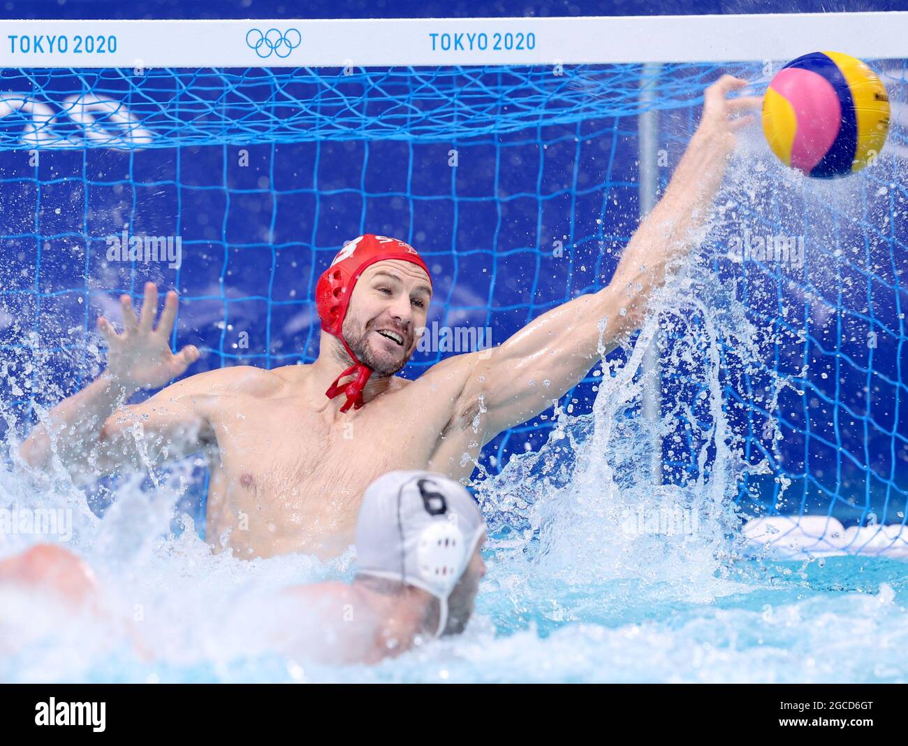 Tokyo, Japan. 8th Aug, 2021. Goalkeeper of Team Serbia Branislav Mitrovic competes during the men's water polo final at Tokyo 2020 Olympic Games, in Tokyo, Japan, Aug. 8, 2021. Credit: Chen Jianli/Xinhua/Alamy Live News Stock Photo
