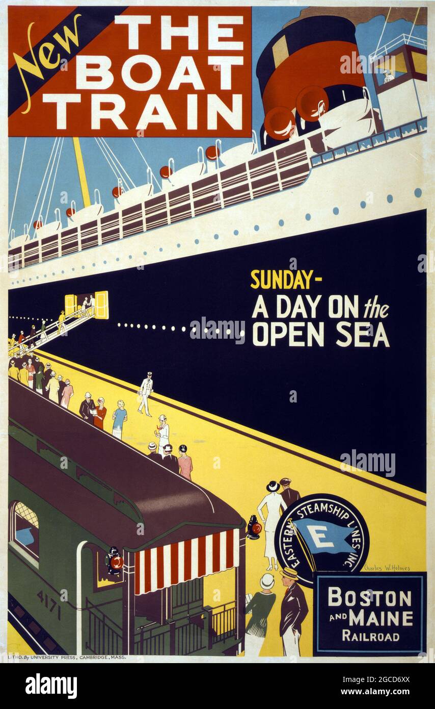 Vintage ships / boats / posters / transportation advertisement. New! The Boat Train. Sunday – A day on the open sea. Boston and Maine Railroad. Stock Photo