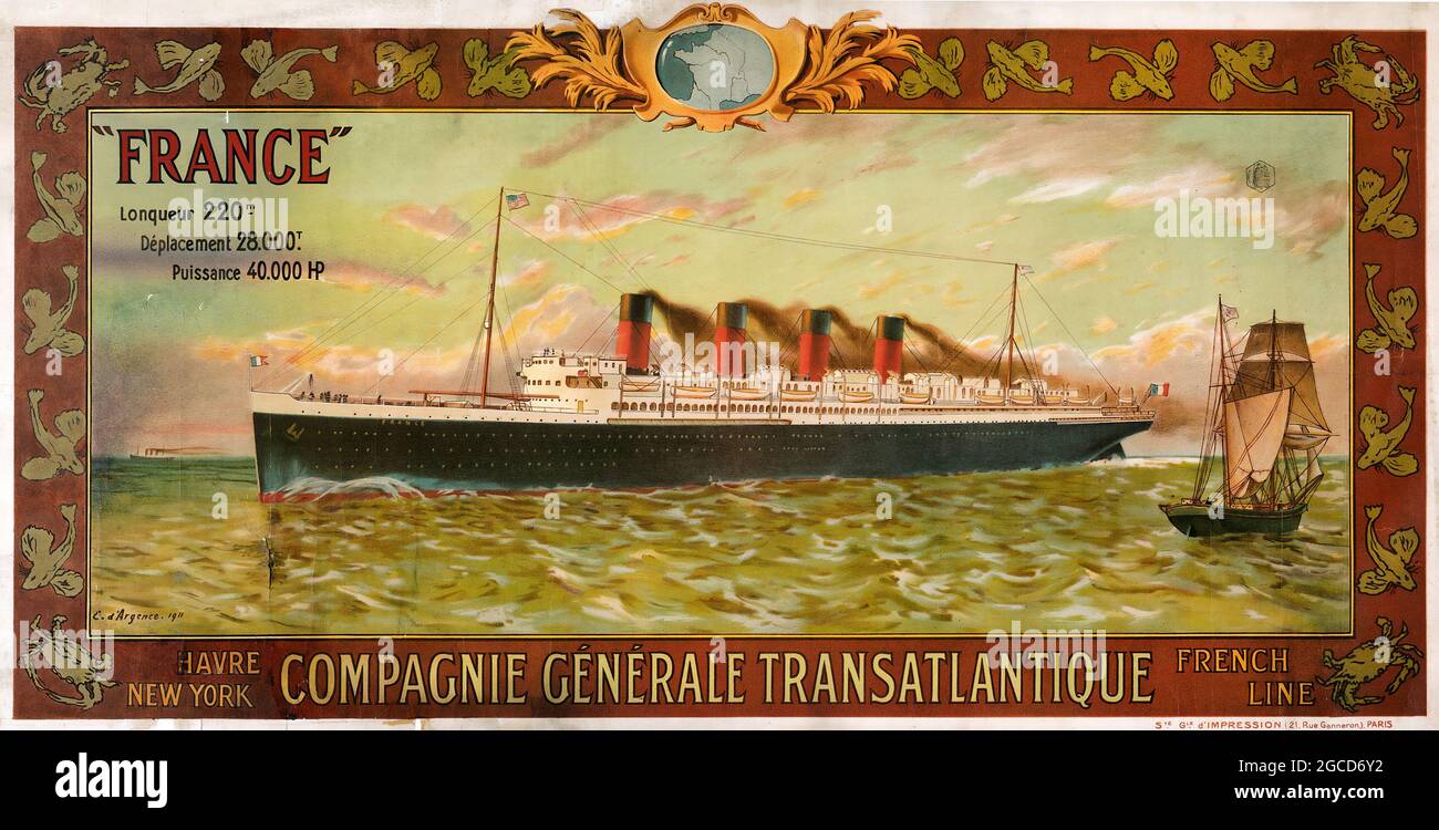 French line. Vintage ship / boat / poster / transportation. Transatlantique – SS France (Compagnie Generale Transatlantique, 1911) Havre/New York. Stock Photo