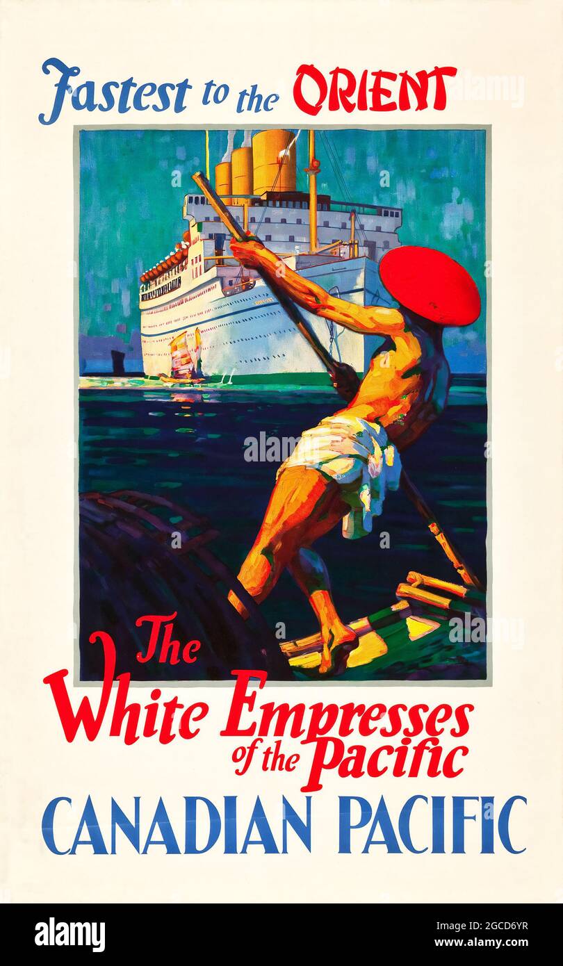 Vintage ships / boats / poster / transportation advertisement. Canadian Pacific Travel Poster (c.1936). 'White Empress of the Pacific”. Stock Photo