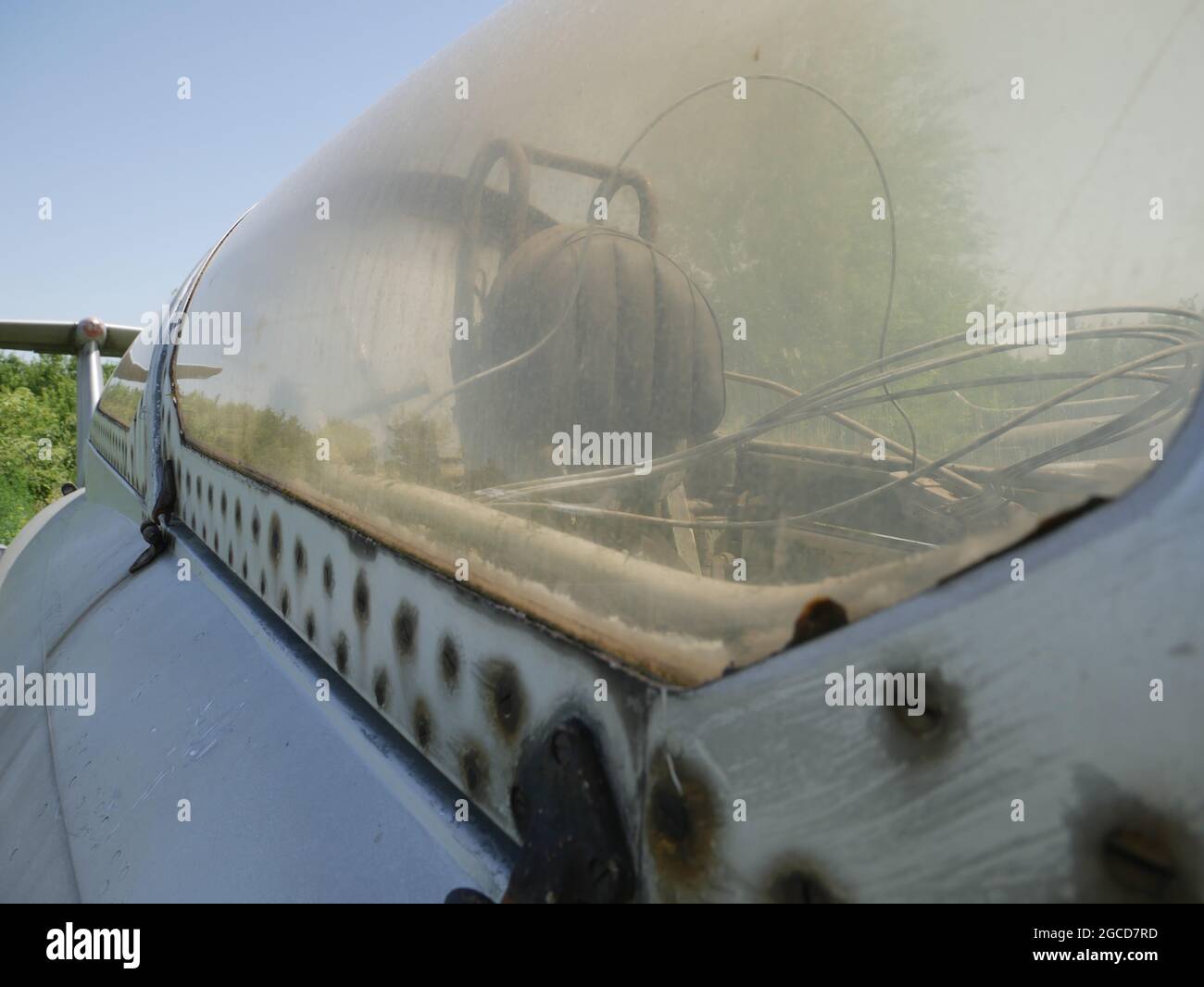 Military fighter plane old abandoned broken. Military abandoned equipment. Stock Photo