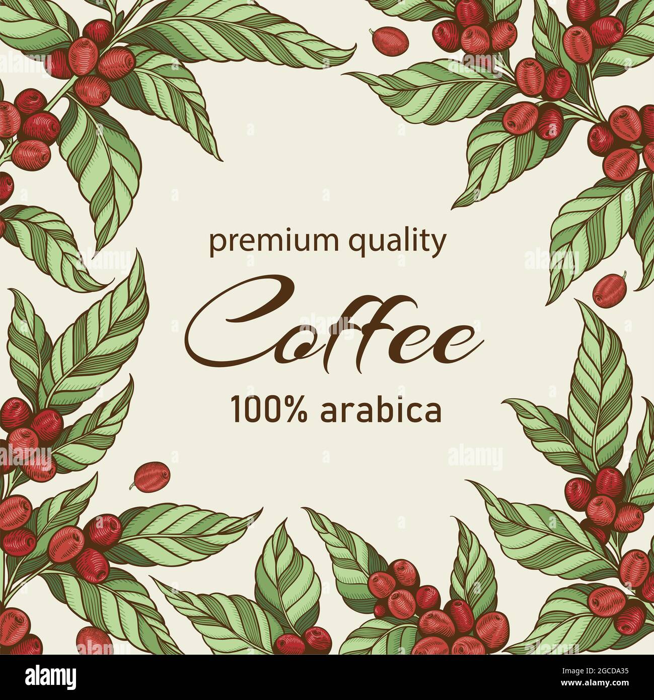 Decorative background with hand drawn coffee plants and coffee beans ...