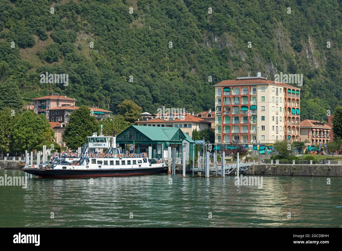 harbour with ferry to Intra, Laveno-Mombello, Lake Maggiore, Lombardy, Italy Stock Photo