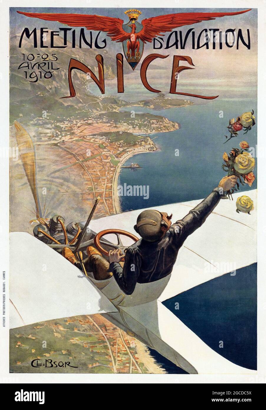 Vintage Aviation / Air / Flight poster. Artwork. 'Meeting d'Aviation Nice,' promoting an early 'aviation meeting' or air show. Stock Photo