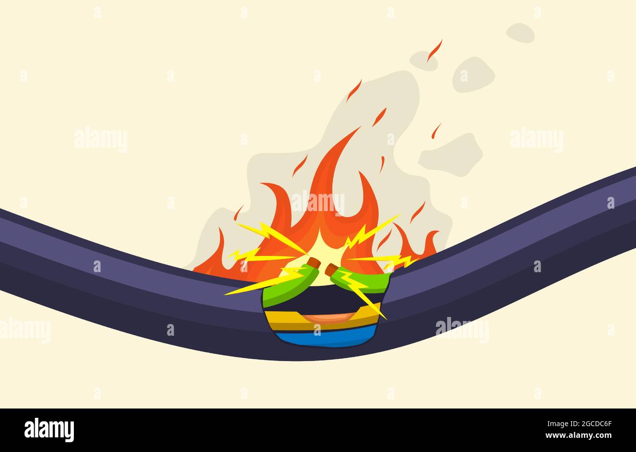 Broken short circuit burning electrical cable wire. Damaged electrical