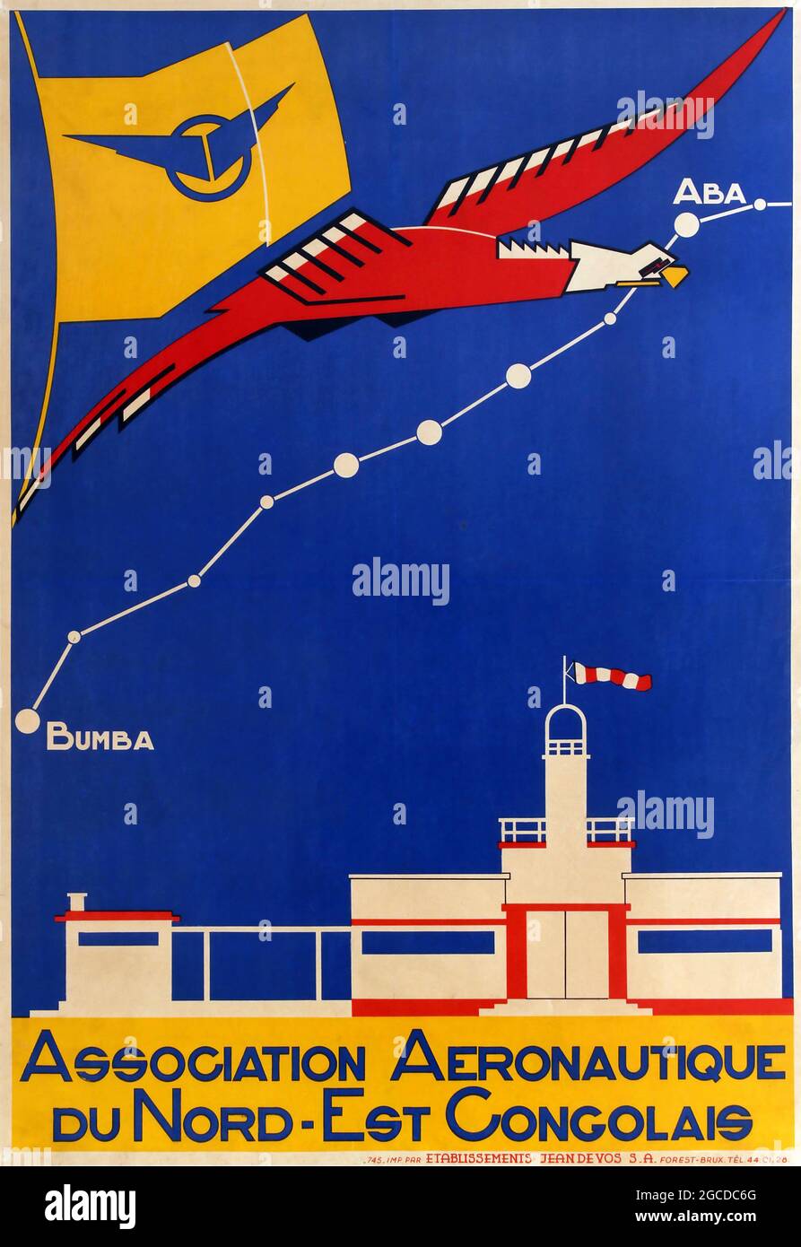 Vintage Aviation / Air / Flight poster – Africa Congo Aeronautic Poster Association Aeronautique Du Nord-Est Congolais. 1930s Stock Photo