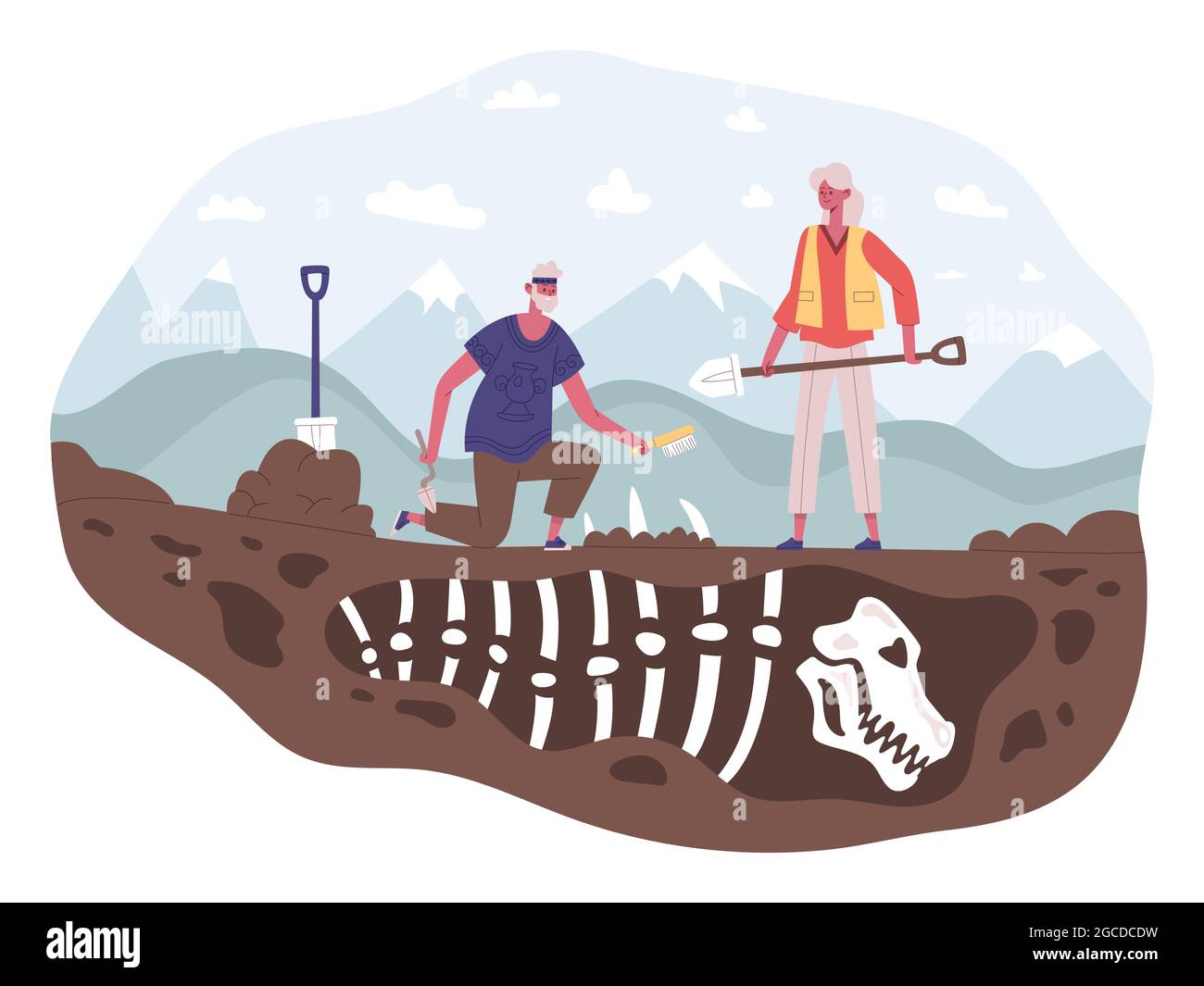 Archaeology scientists characters discovering, excavation, digging and researching. Archaeologists discovered dinosaur skeleton fossil vector Stock Vector
