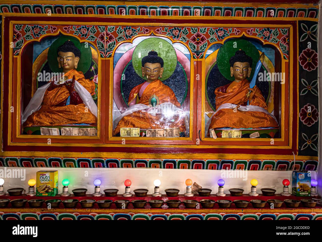 ancient buddhist monastery with Buddha statue and decorated wall from different angle image is taken at tawang monastery arunachal pradesh india. Stock Photo