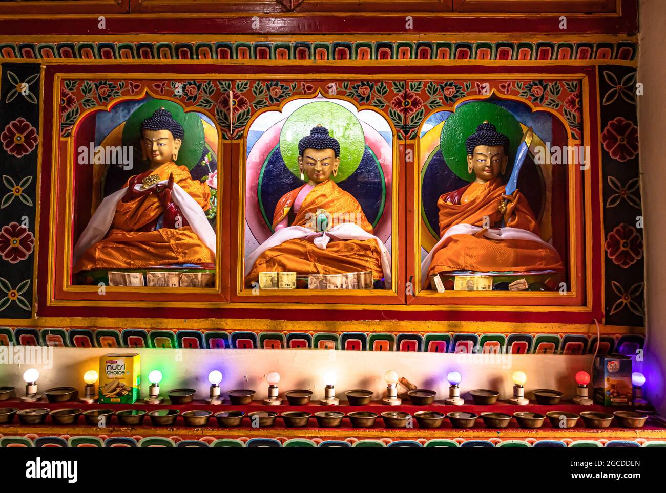 ancient buddhist monastery with Buddha statue and decorated wall from different angle image is taken at tawang monastery arunachal pradesh india. Stock Photo