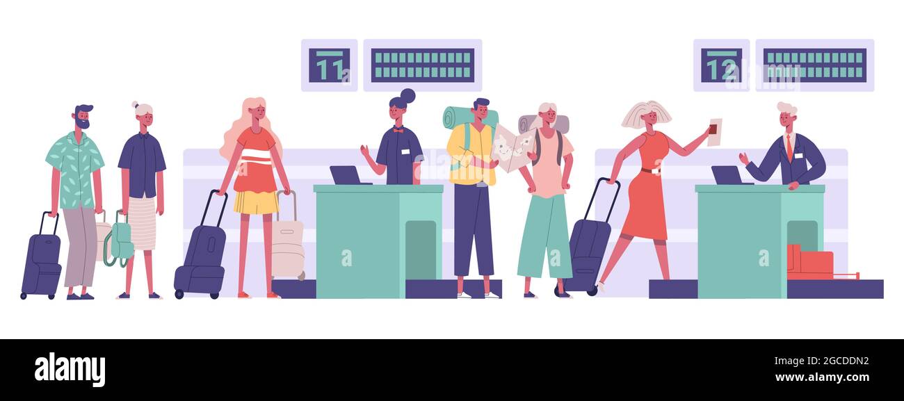 Tourists group, passengers travellers luggage checking in airport. People walking airport security detection vector illustration. Travel airport Stock Vector