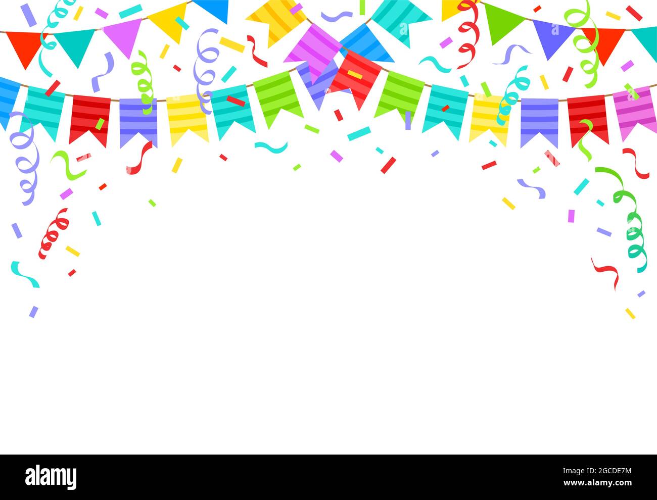 Birthday bunting flags, ribbons and confetti festive background. Cartoon  holiday party celebration decorations vector illustration. Birthday party  Stock Vector Image & Art - Alamy