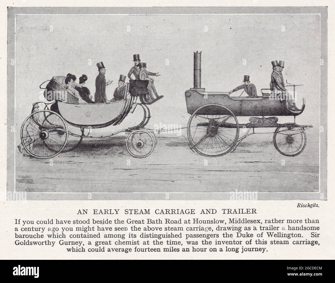 Vintage illustration of an early steam carriage and trailer invented by