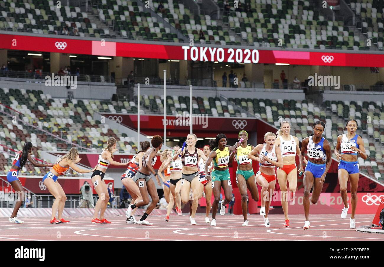 Tokyo, Japan. 08th Aug, 2021. The Women's 4X400 relay exchanges the