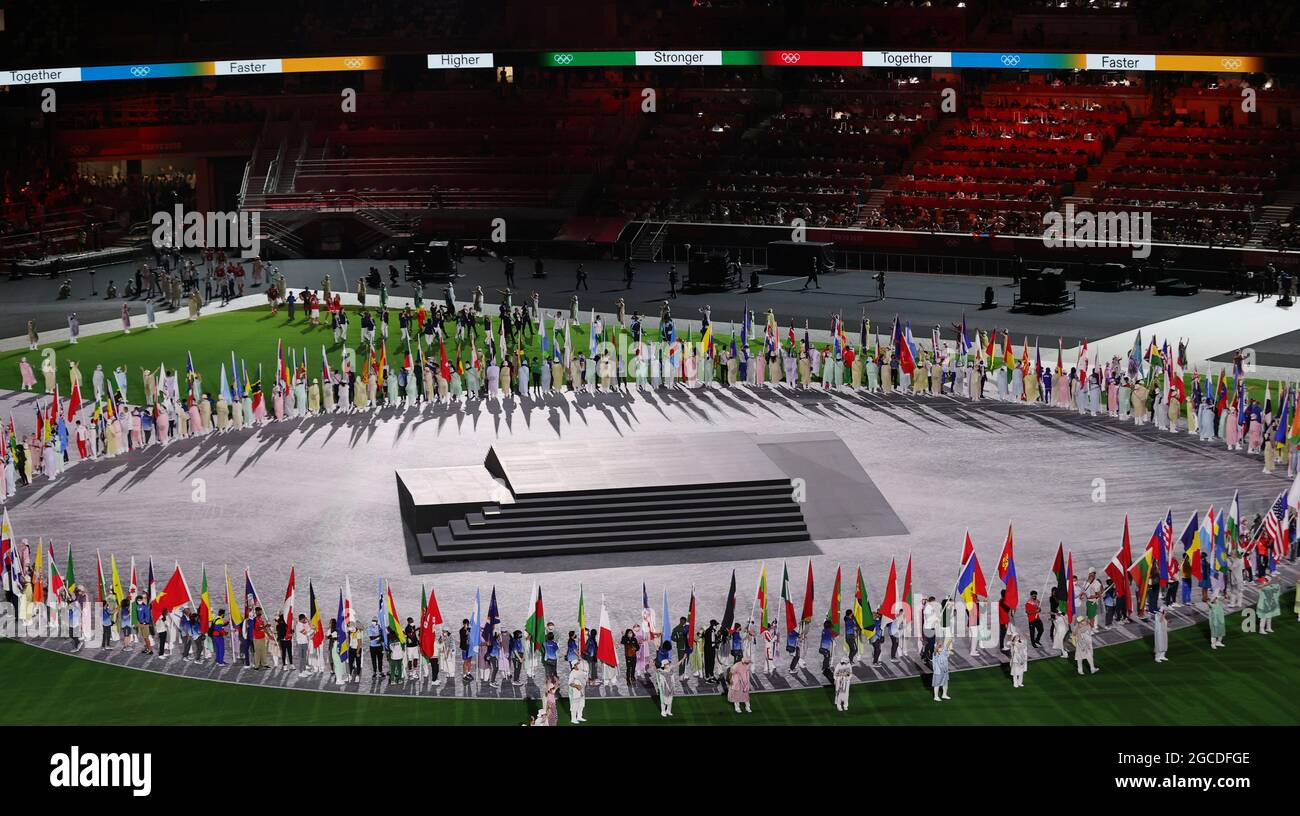 Tokyo, Japan. 8th Aug, 2021. Flag bearers are seen during the closing ceremony of Tokyo 2020 Olympic Games in Tokyo, Japan, Aug. 8, 2021. Credit: Li Gang/Xinhua/Alamy Live News Stock Photo