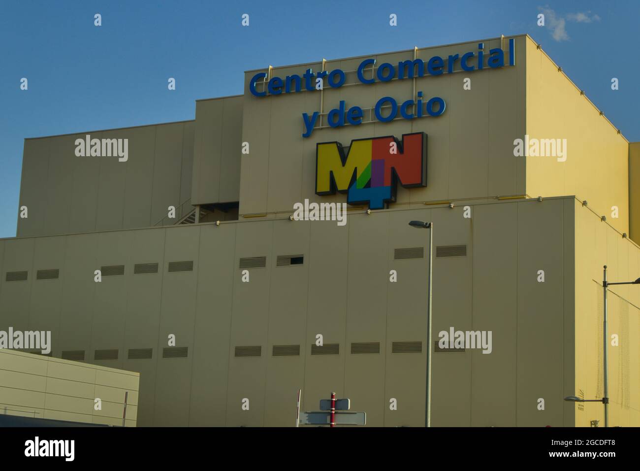 2021, July. Alfafar, Valencia, Spain. Image of the facade and logo of the MN4 shopping center in the city of Alfafar in Valencia, Spain Stock Photo