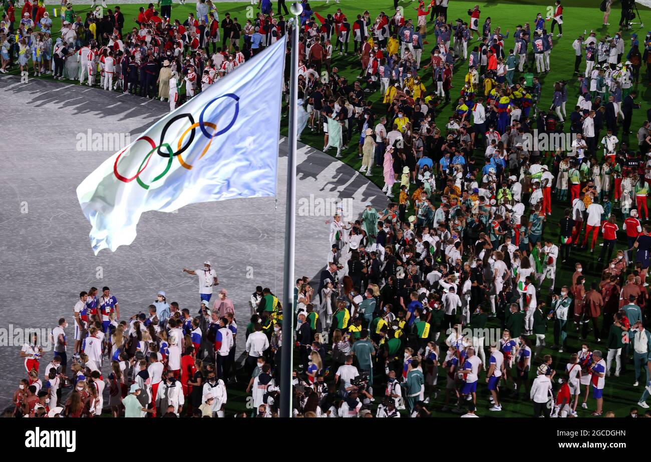 Tokyo, Japan. 8th Aug, 2021. The Olympic flag is seen during the closing ceremony of Tokyo 2020 Olympic Games in Tokyo, Japan, Aug. 8, 2021. Credit: Yang Lei/Xinhua/Alamy Live News Stock Photo