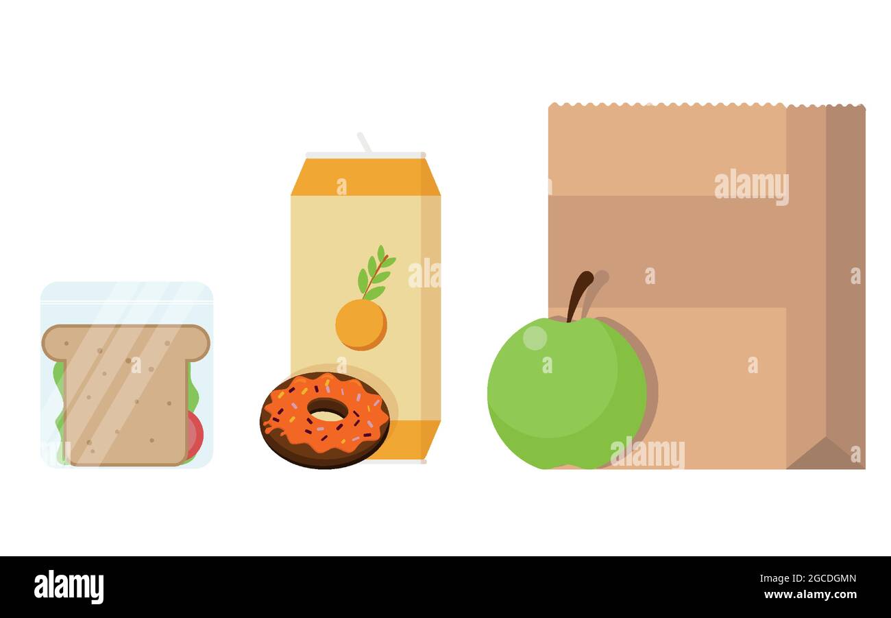 Lunch for children at school. Paper lunch bag, sandwich, juice, apple and donut Stock Vector