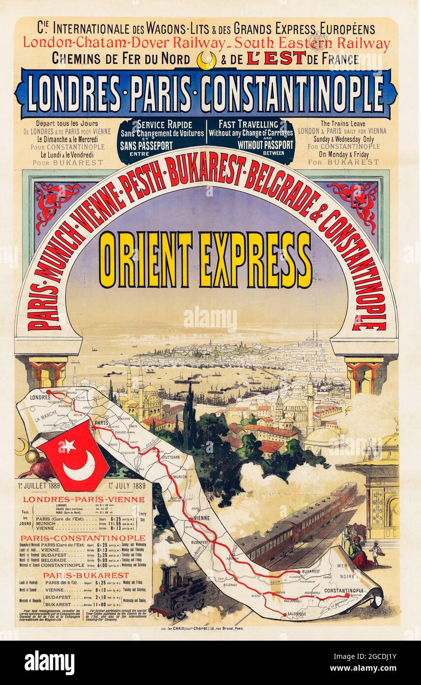 Vintage train / railway / transportation poster. Orient-Express advertisement – Londres–Paris–Constantinople. 1880s. Stock Photo