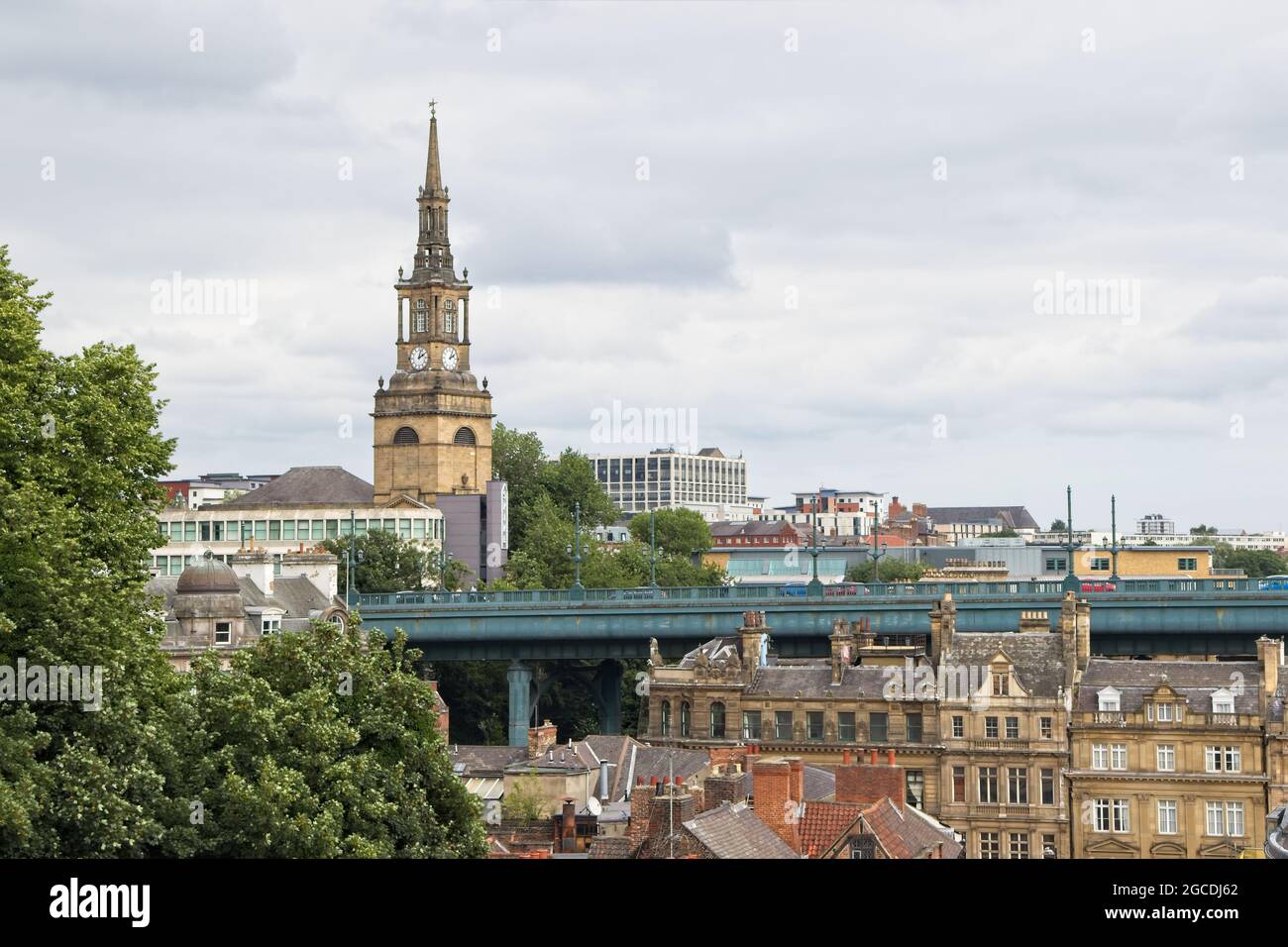 a Newcastle City skyline showing The All Saints Church  captured from the High Level Bridge in Tyne and Wear. Stock Photo