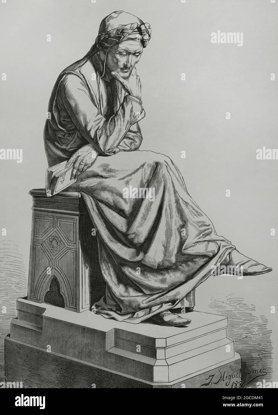 Dante Alighieri (1265-1321). Italian poet, author of the Divine Comedy. Drawing by J. Miguel Gómez after a sculpture by Jerónimo Suñol (1839-1902) in 1864. Engraving by Capuz. La Ilustración Española y Americana, 1882. Stock Photo