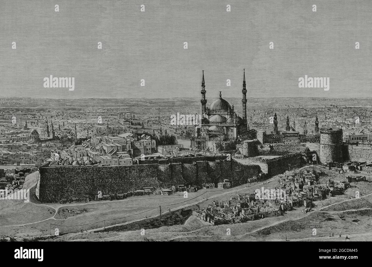 Egypt, Cairo. General view of the city, taken in front of the citadel and the Sultan Hassan Mosque. Engraving by Capuz. La Ilustración Española y Americanaca, 1882. Stock Photo