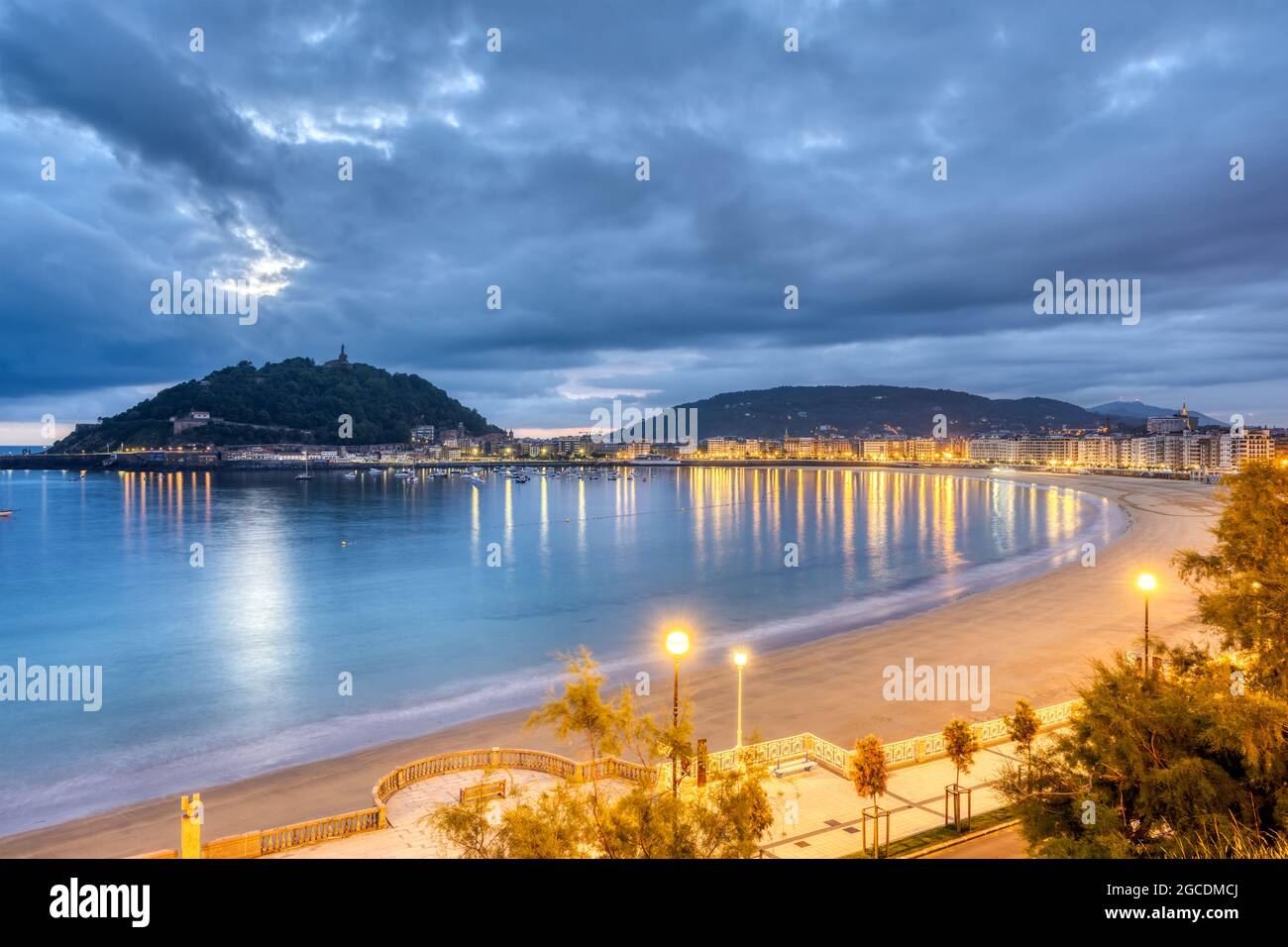 View of La Concha beach in San Sebastian, Spain, at dawn Stock Photo